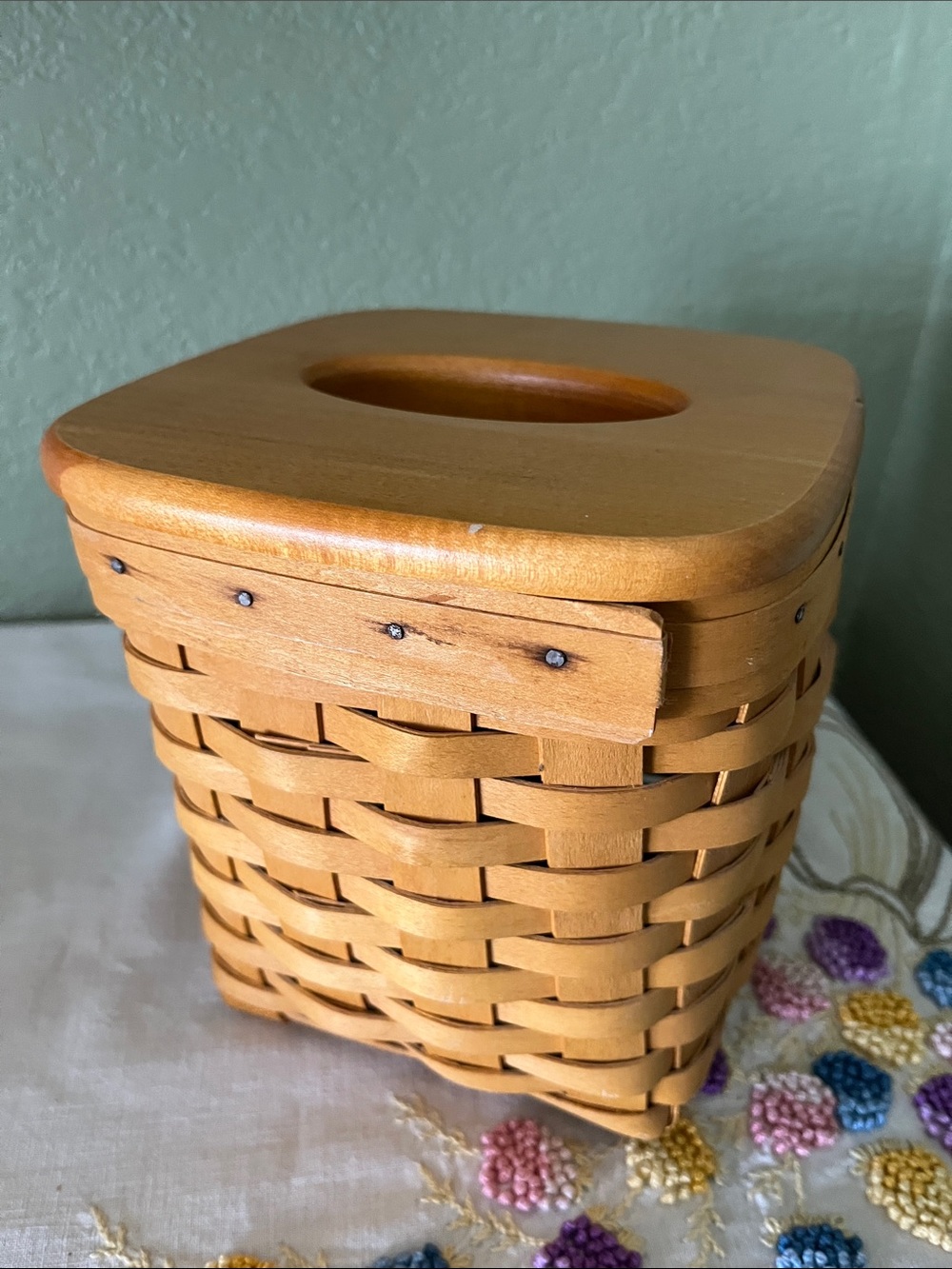 Vintage 1992 Longaberger Tall Tissue Basket with removable Wood Lid